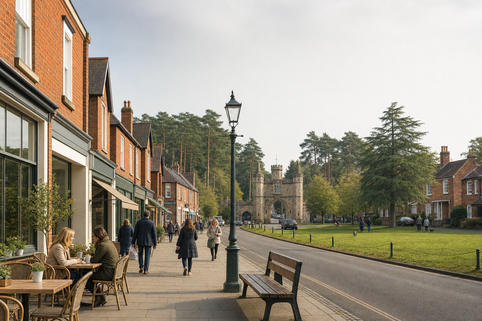 A quaint street with people walking and dining outdoors, flanked by red-brick buildings and a historic stone gate.