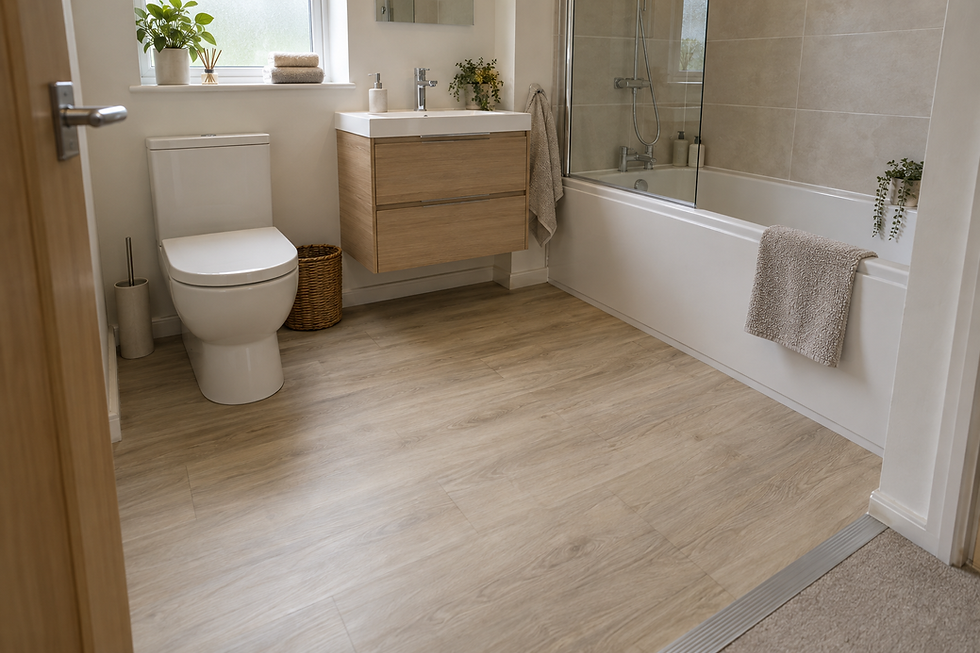 Modern bathroom with a wooden floor, featuring a toilet, sink, and bath with a glass shower screen.