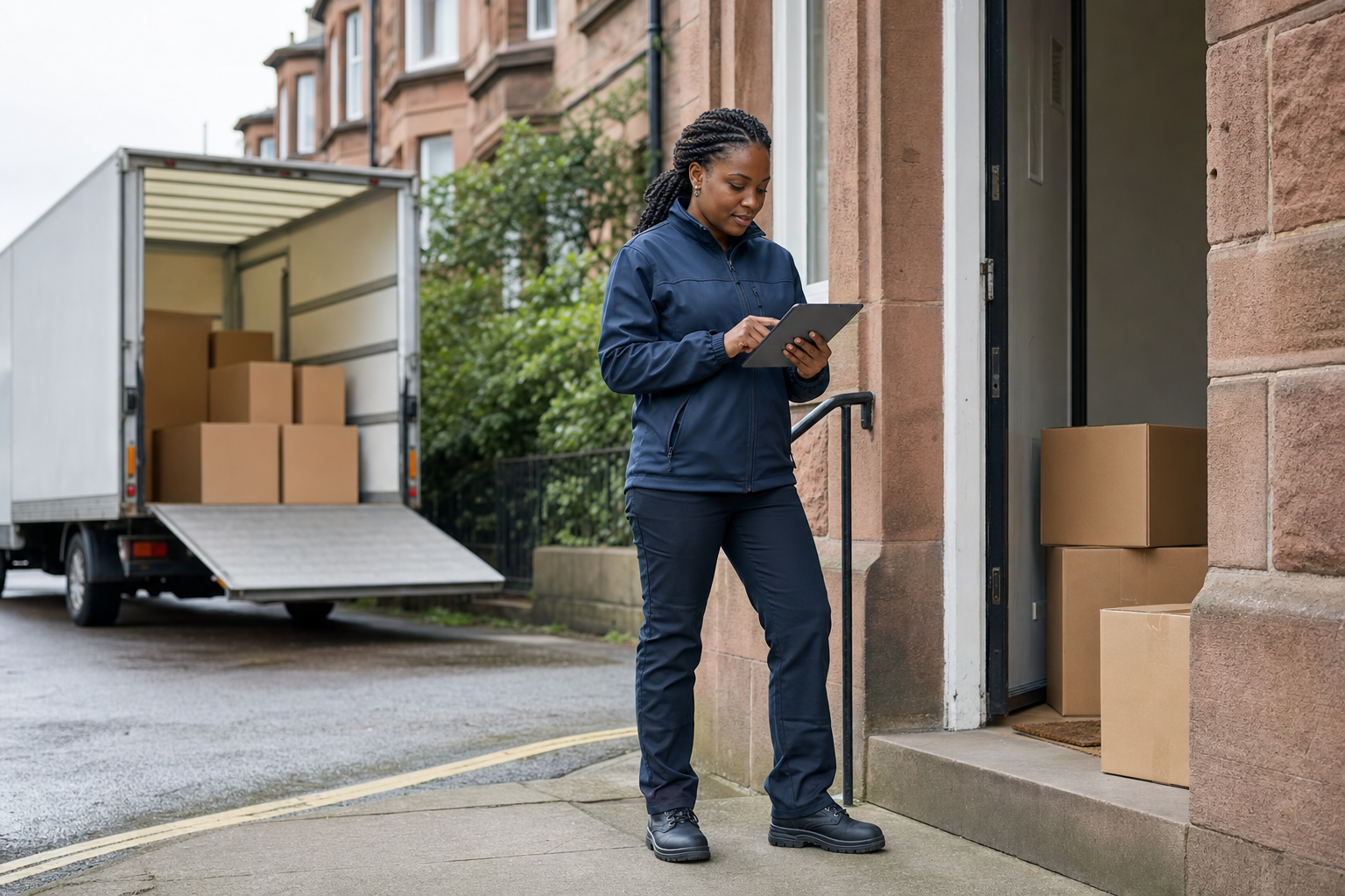 Delivery person in uniform standing outside a building, using a tablet with boxes beside an open van.