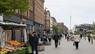 A bustling street market with people walking and shopping for fruit outside red-brick buildings.
