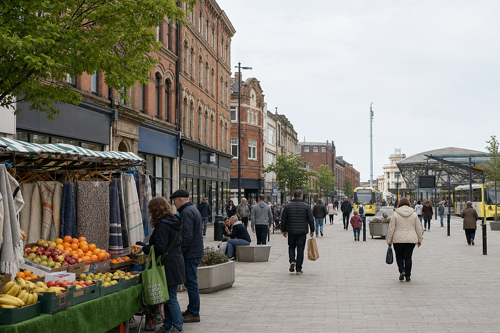 A bustling street market with people walking and shopping for fruit outside red-brick buildings.