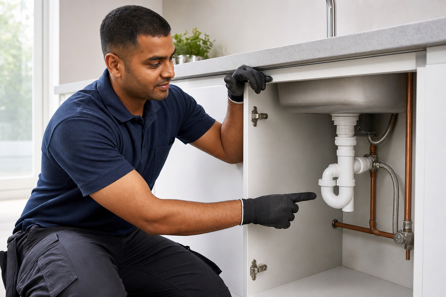 Plumber in a blue shirt and gloves inspecting pipes under a kitchen sink.