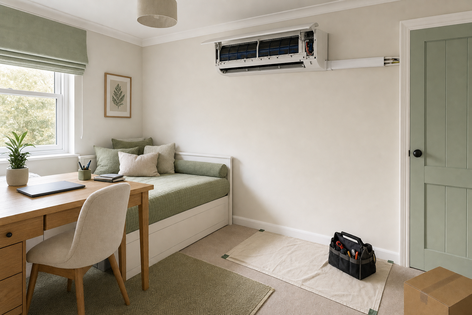 A tidy home office with a daybed features an open air conditioner undergoing maintenance, tools neatly placed nearby.