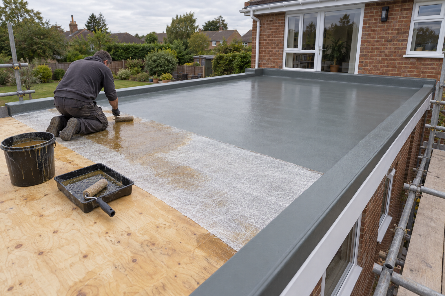 A worker applies a resin coating to a flat roof using a roller.