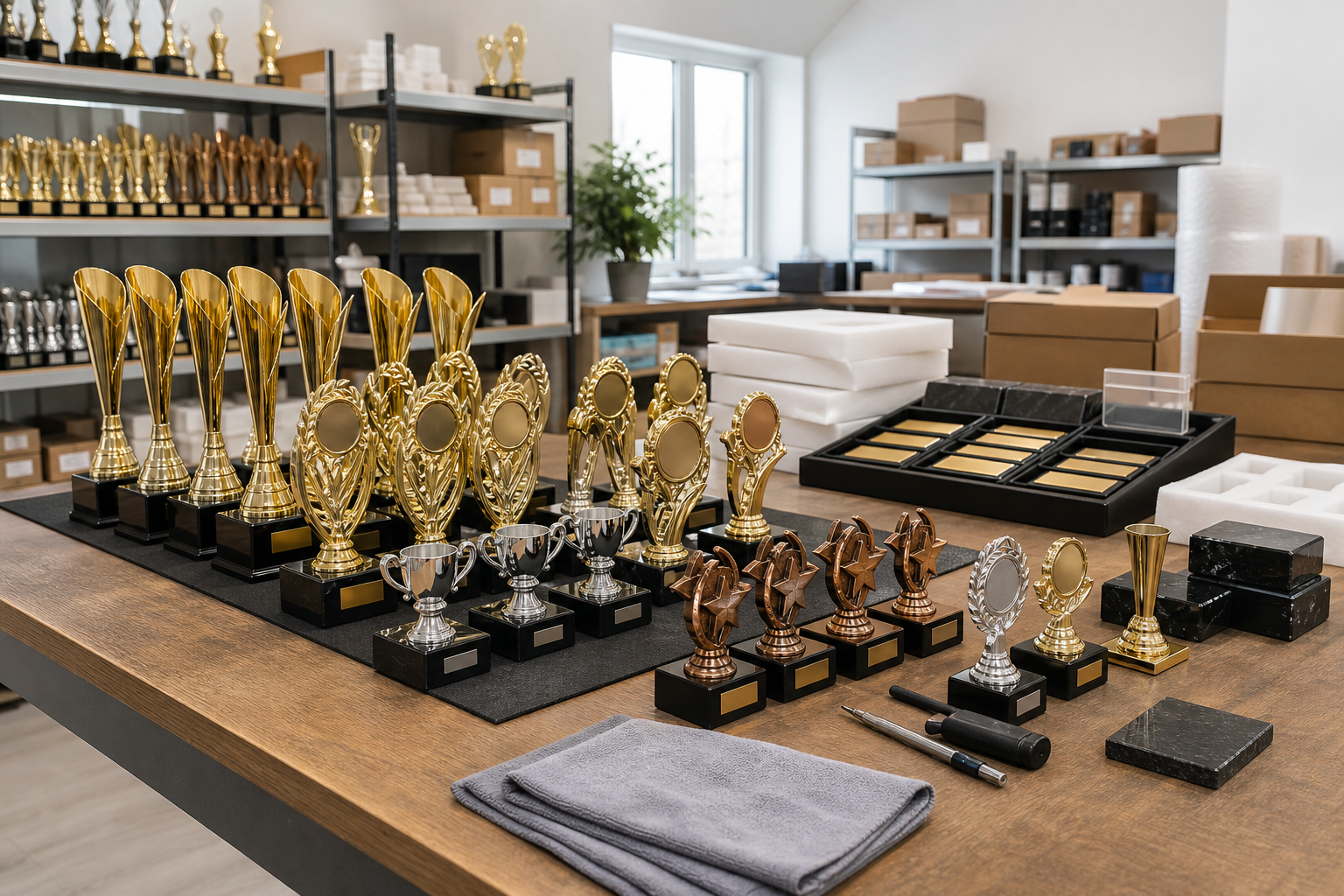 A table filled with various trophies and awards, surrounded by boxes and packaging materials in a well-lit room.