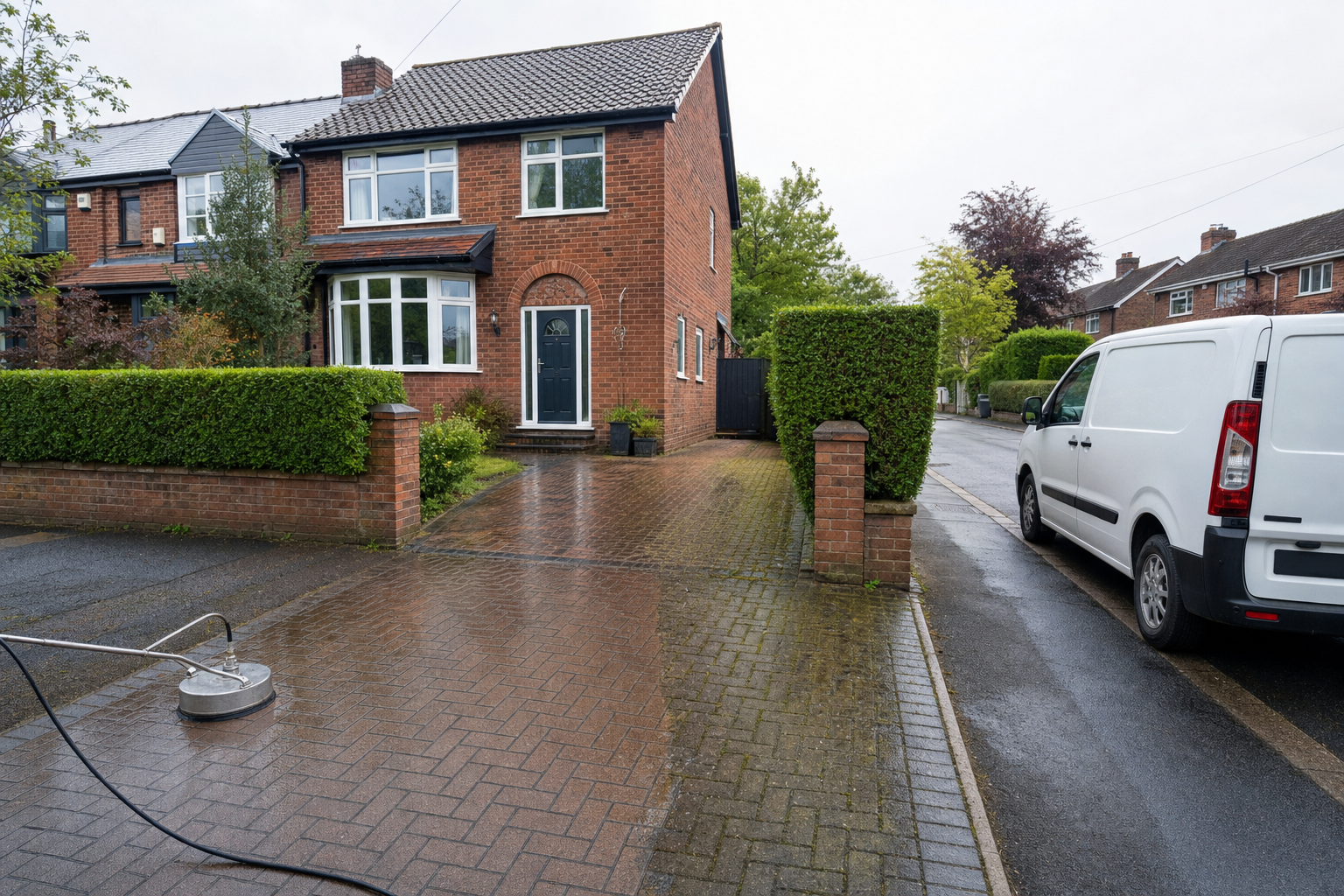 Half-cleaned brick driveway alongside a white van parked by a red brick semi-detached house.