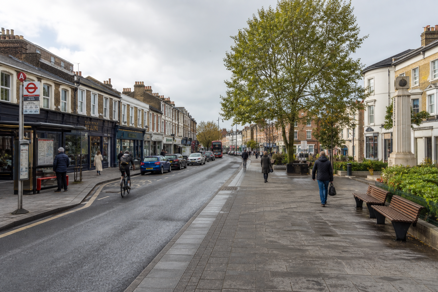 A cyclist and pedestrians navigate a lively street lined with shops and trees under a cloudy sky.