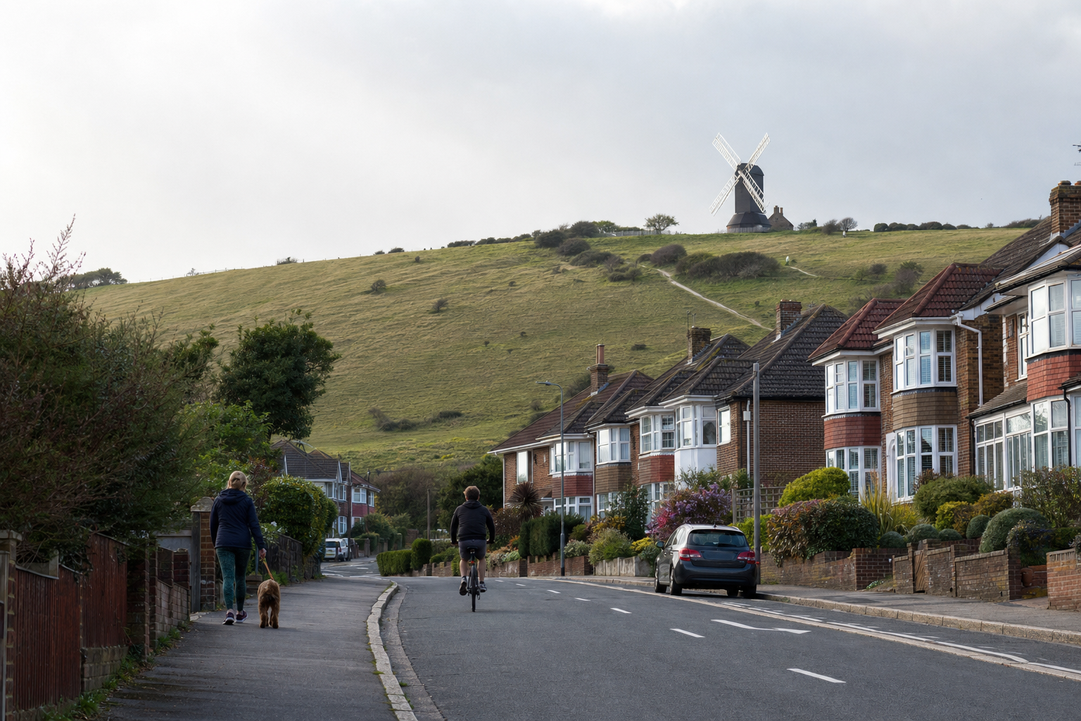 Residential street with a cyclist and dog walker below a grassy hill with a windmill.