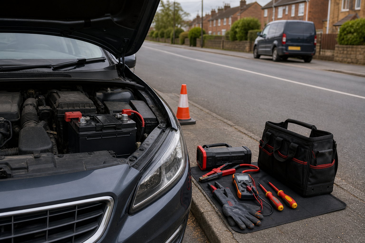 Car engine open with tools and a toolbox on the pavement for roadside repair.