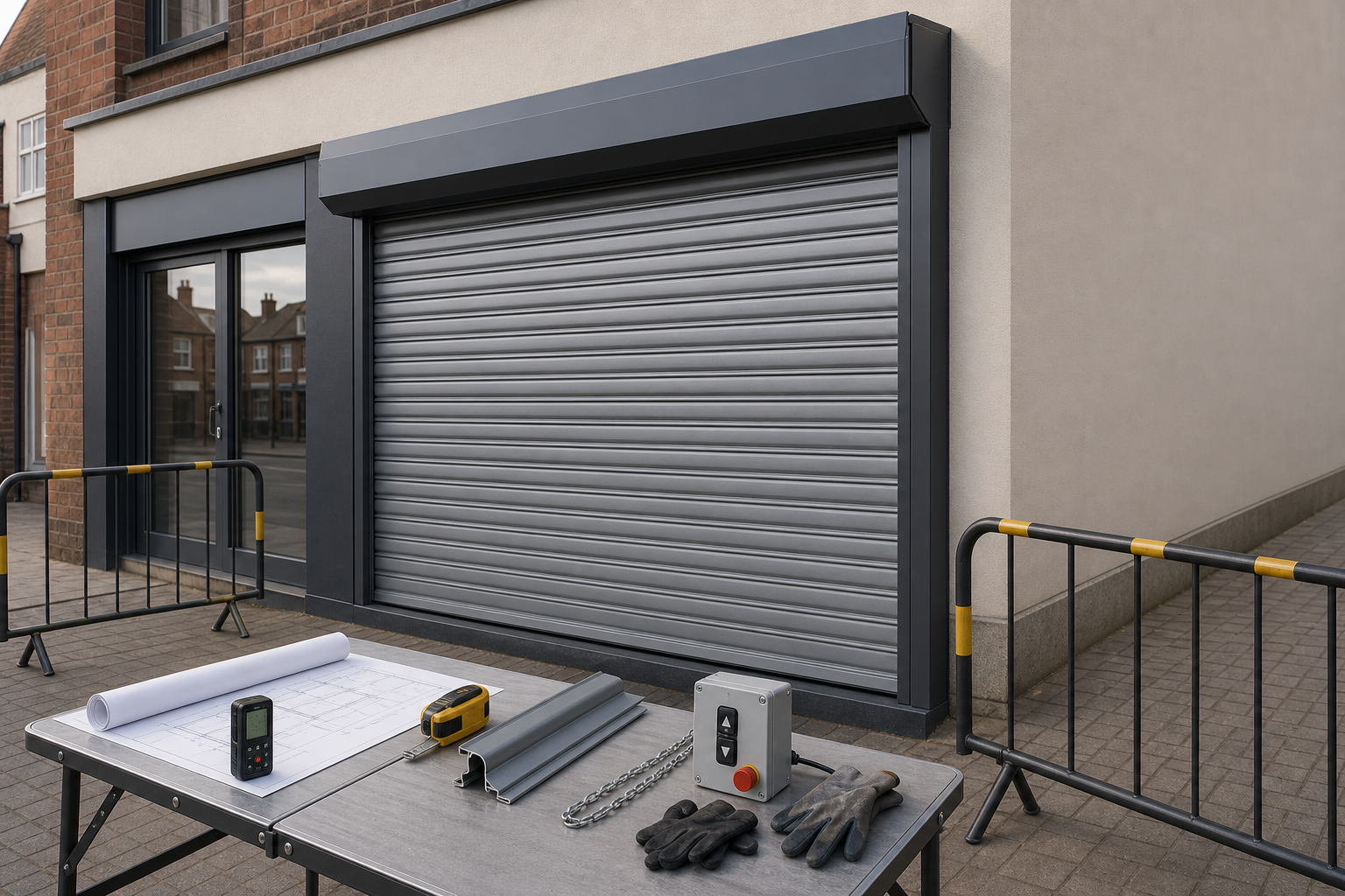Rolled-down metal shutter on a storefront with construction tools and plans on a table in the foreground.
