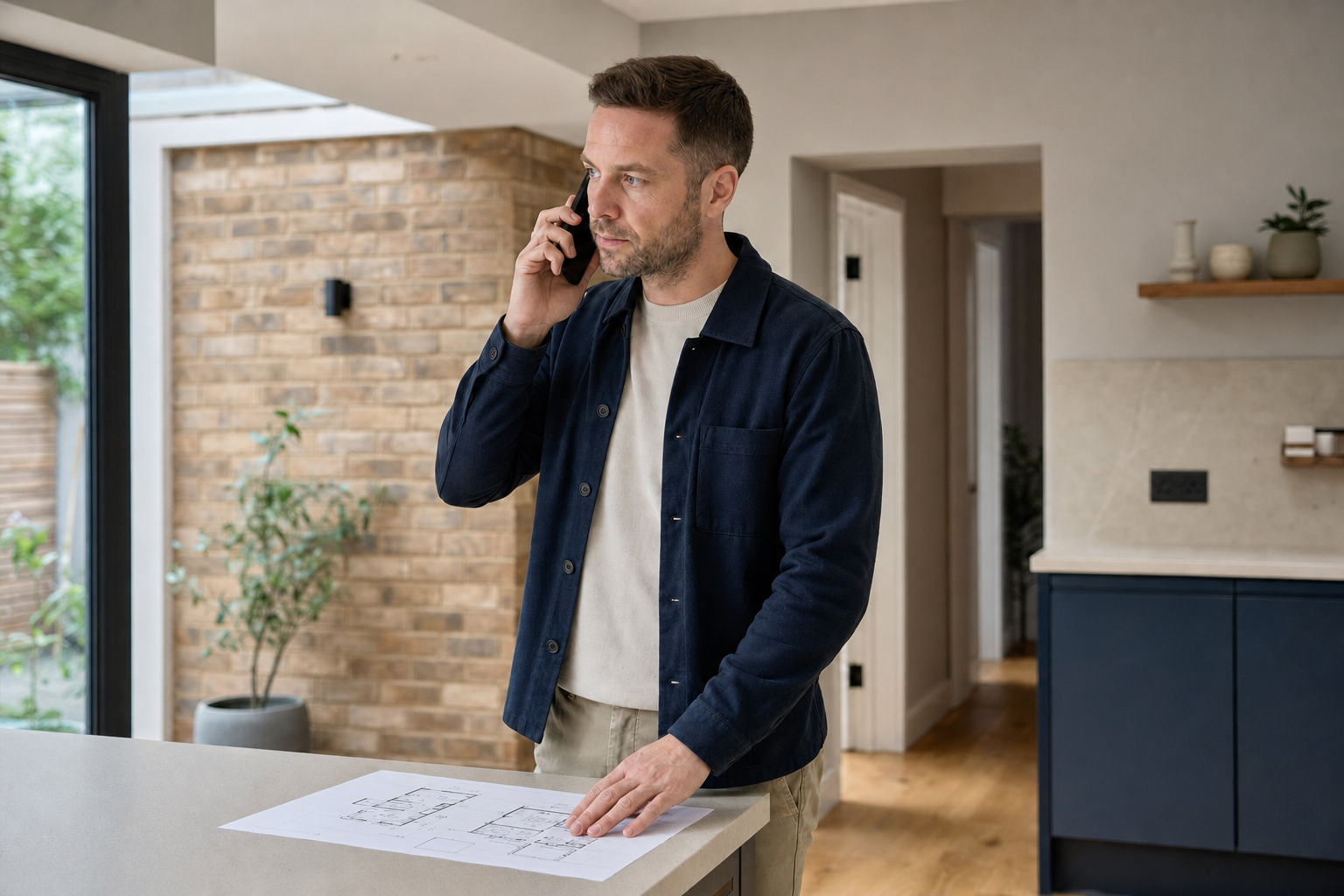 A man in a blue jacket talks on the phone while examining architectural plans on a kitchen counter.