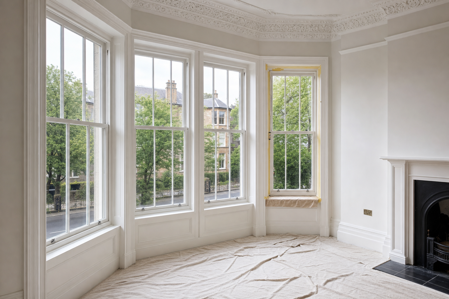 A bright, empty room with tall sash windows, intricate ceiling mouldings, and a black fireplace against white walls.