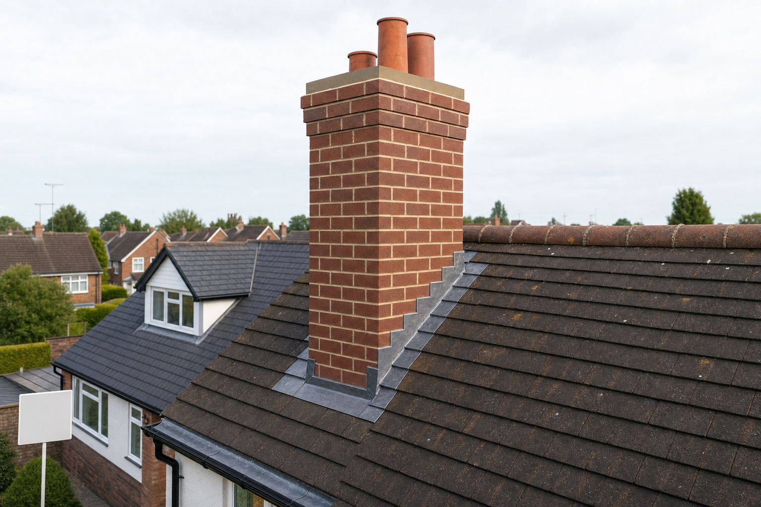 Brick chimney with several pots on a residential house roof surrounded by other homes in a neighbourhood.