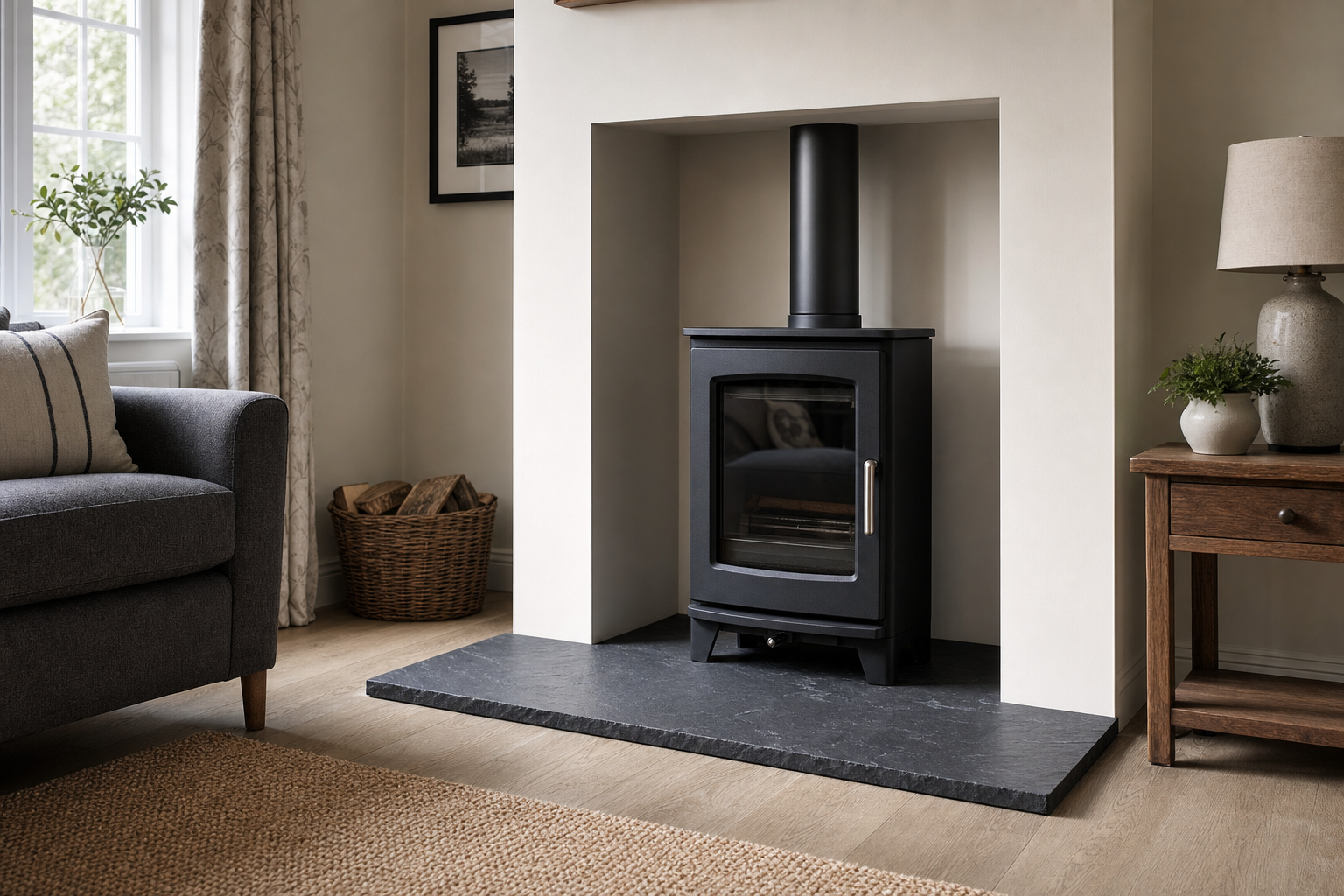 Modern wood-burning stove in a cosy living room with a grey sofa and a wooden side table.