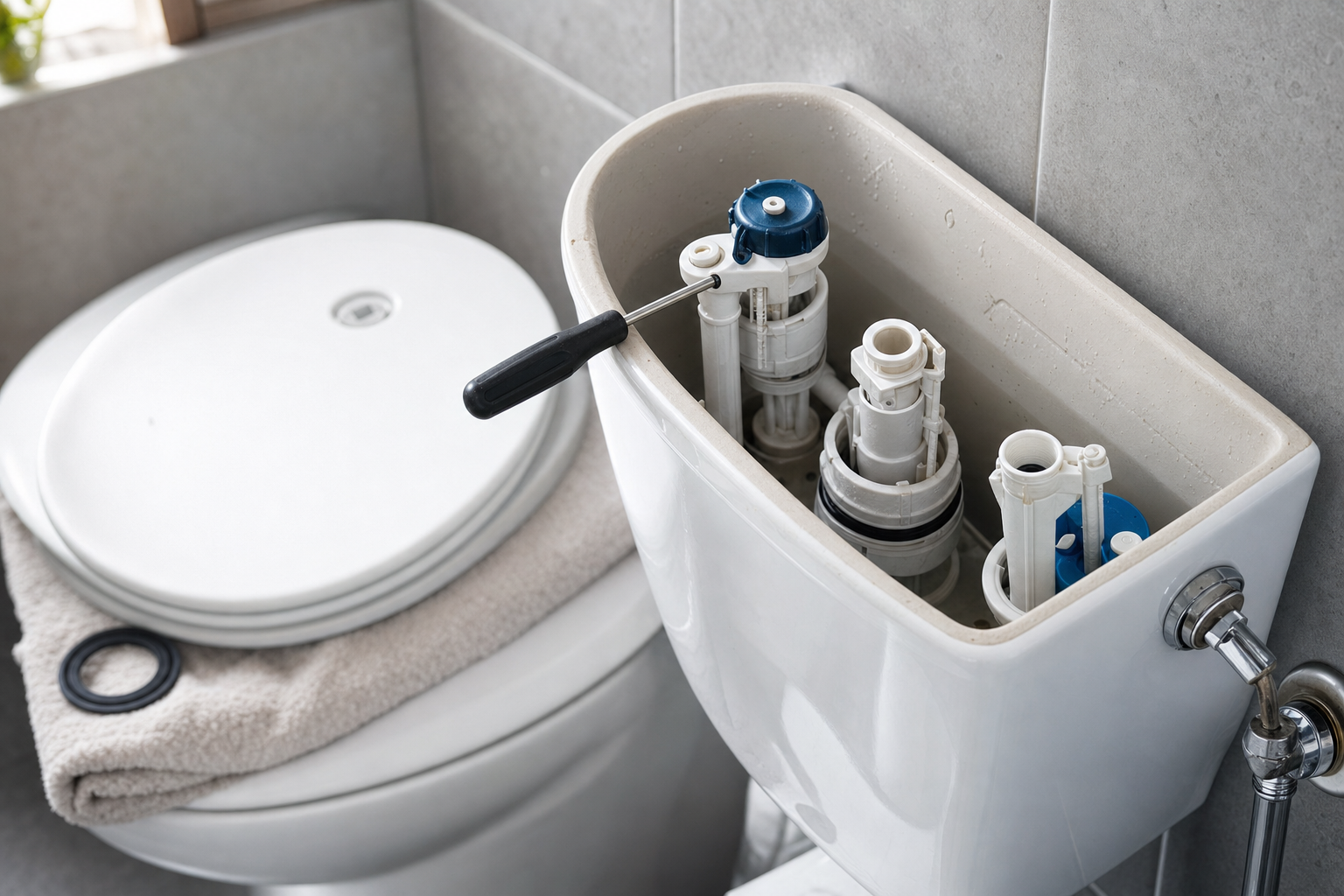 An open toilet cistern with visible repair tools and components, placed beside a closed toilet seat.