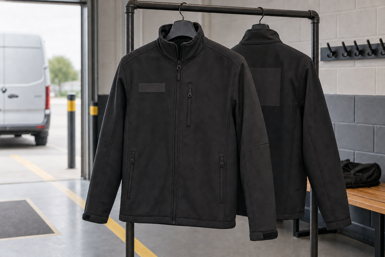 Two black jackets on hangers in a garage setting with a van visible outside.