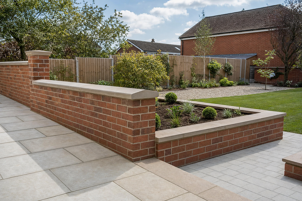 A neatly landscaped garden with a brick wall, ornamental plants, and a background of a red-bricked house and wooden fencing.
