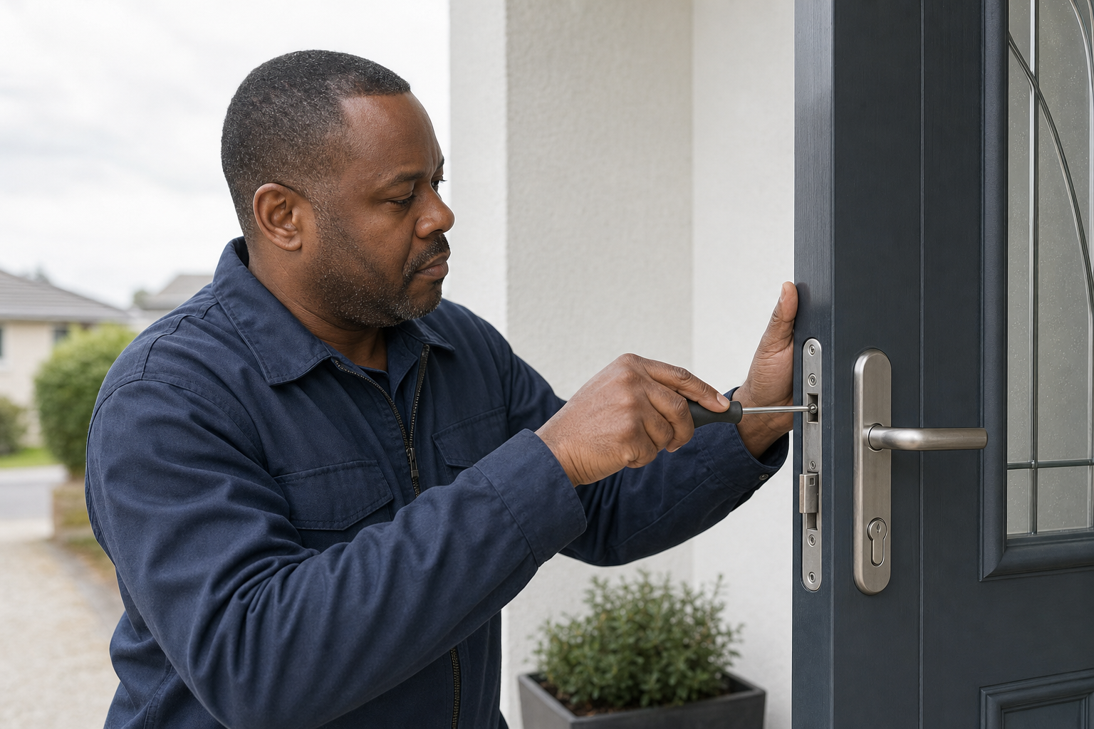 A man in a blue uniform uses a screwdriver to fix a door lock.