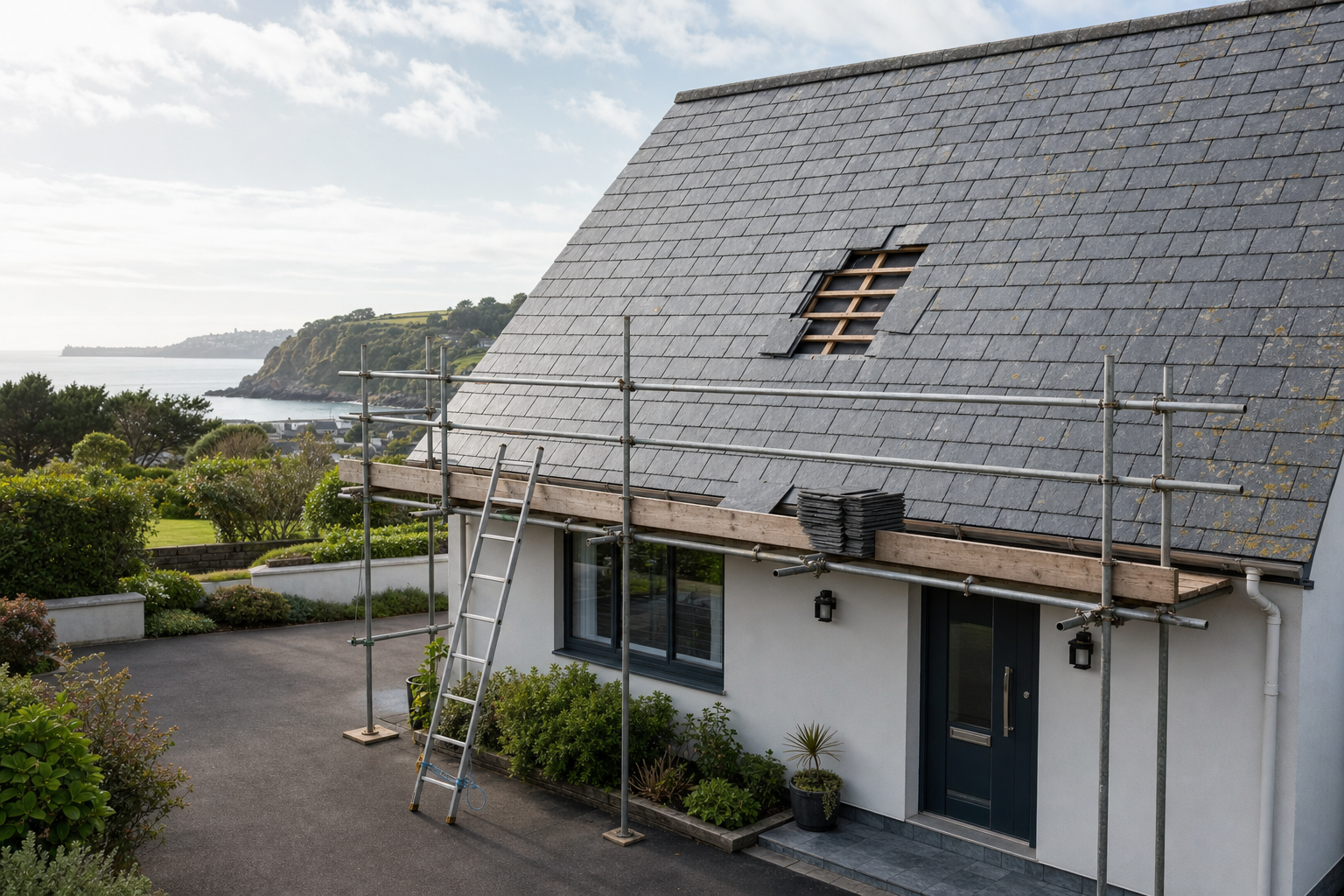 A white house with scaffolding and ladder set up for roof repairs, overlooking a scenic coastal landscape.
