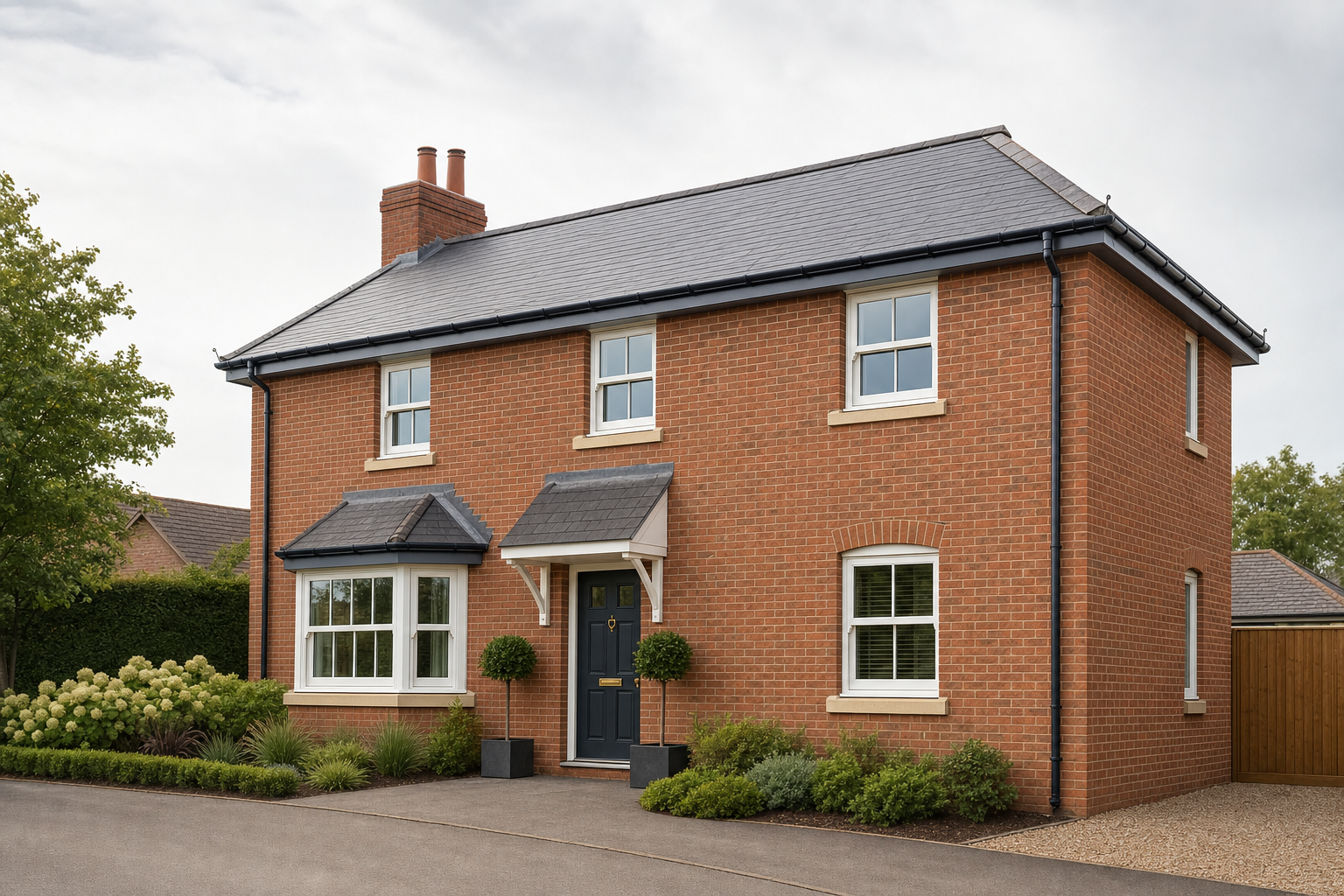 A modern two-storey red brick house with a slate roof and manicured front garden.