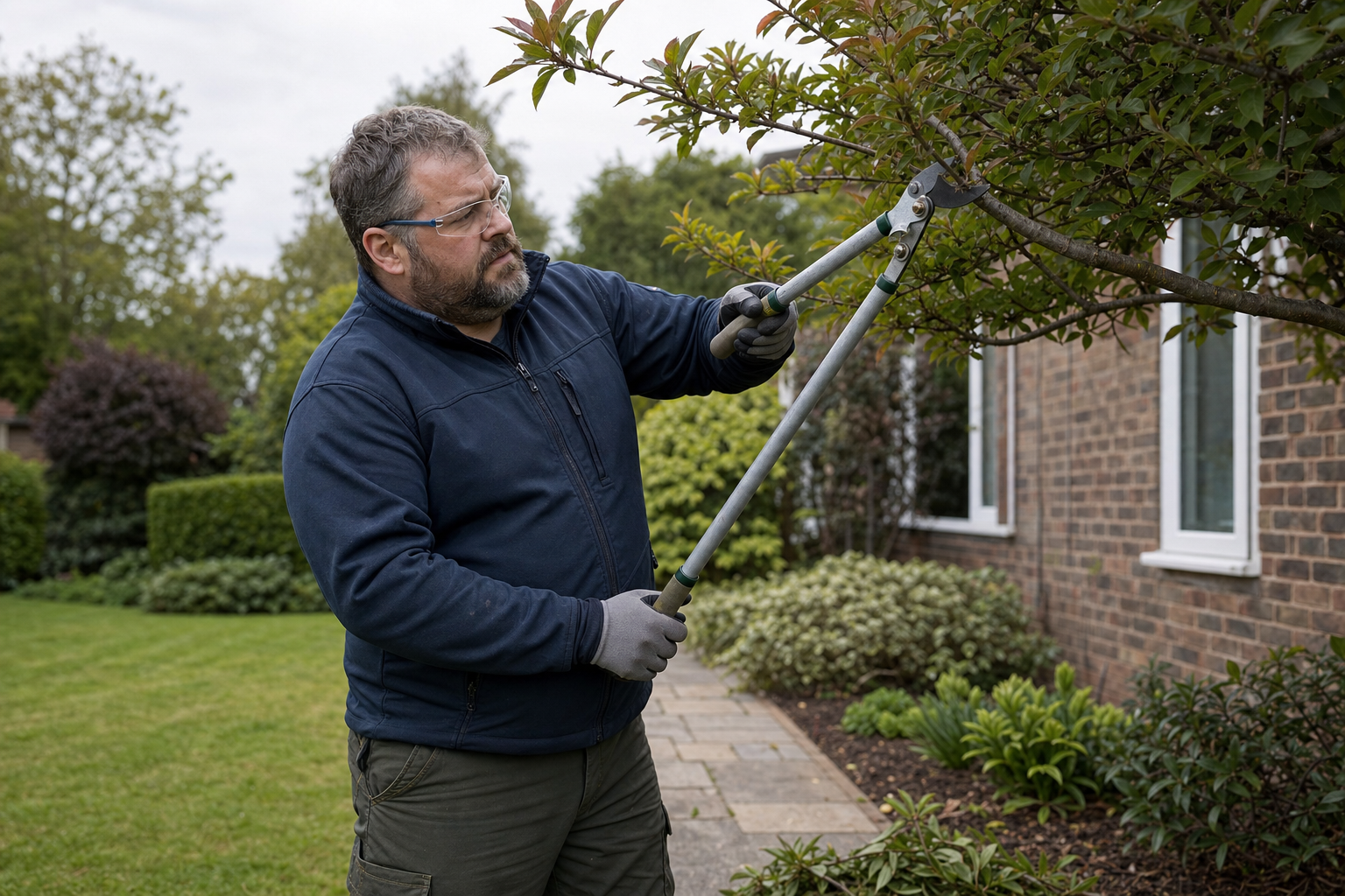 A man in protective glasses and gloves is pruning a tree with loppers in a garden next to a brick house.