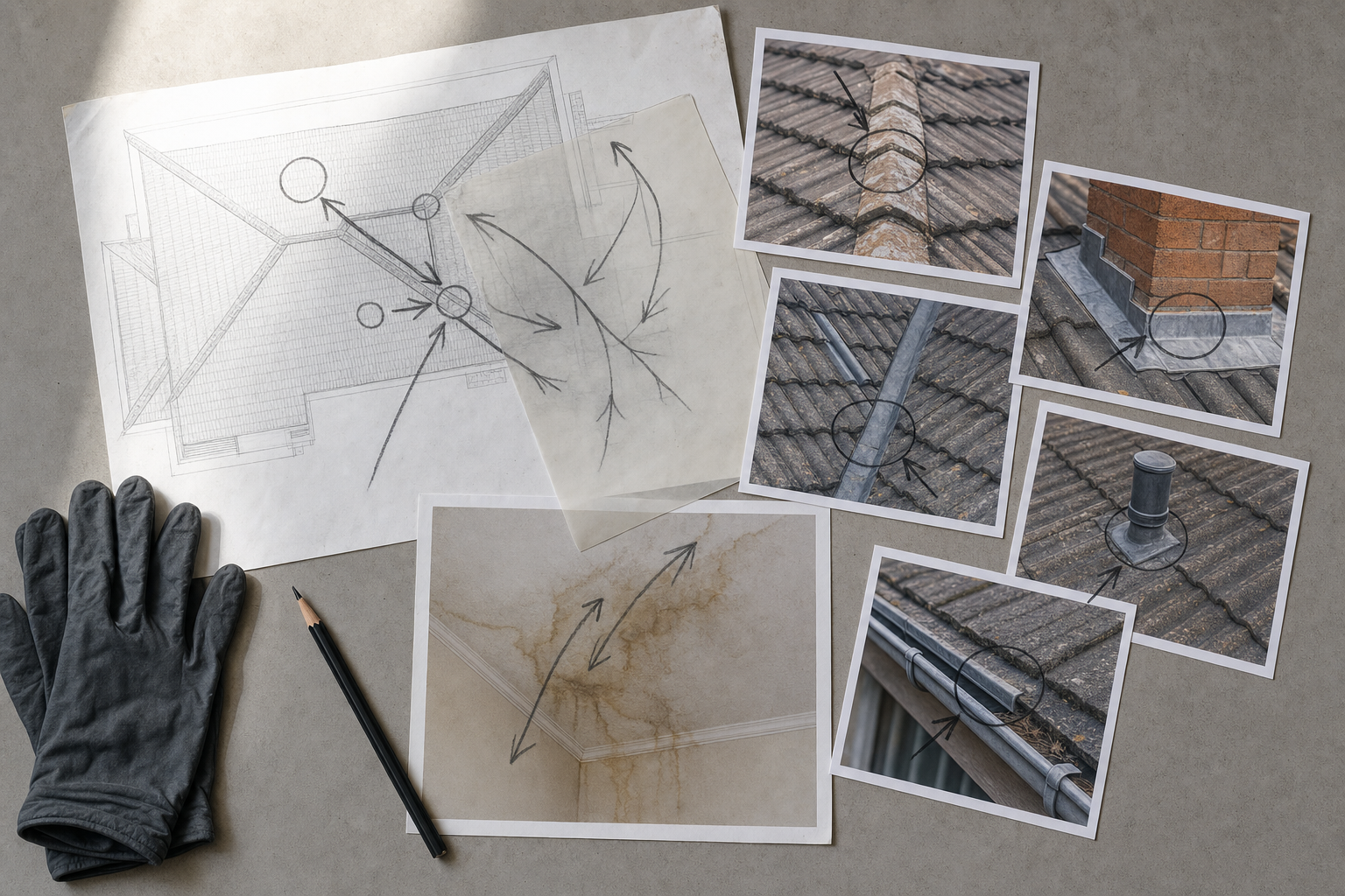 Roof inspection images and sketches on a table with a pencil and gloves.