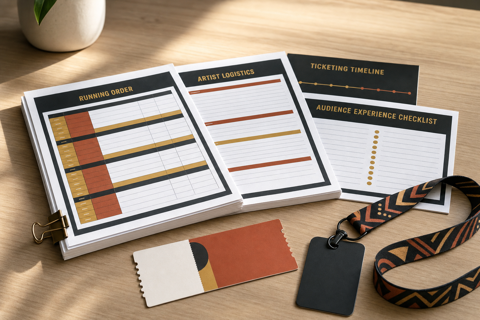 Event planning documents and a lanyard with a black name badge on a wooden table.