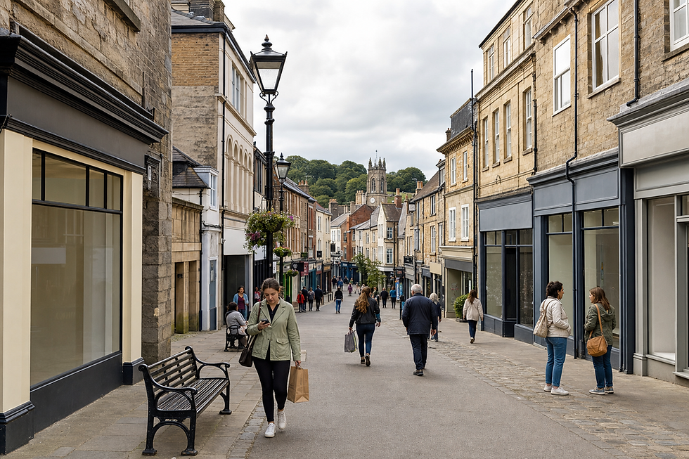 Pedestrians stroll down a charming British high street lined with stone buildings under a cloudy sky.