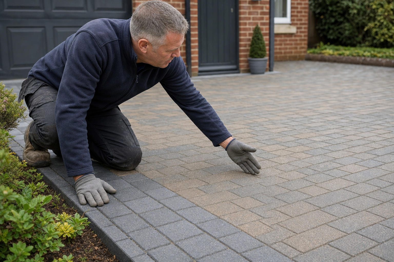 Man in gloves inspecting newly laid block paving on a driveway.