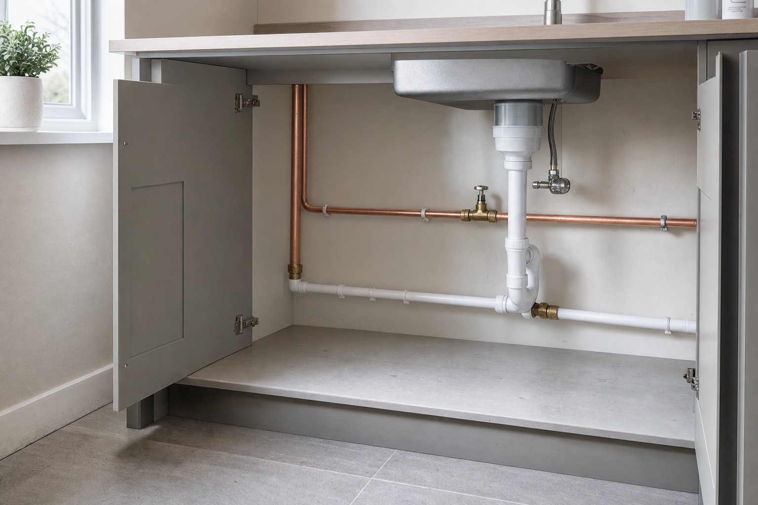 Open kitchen cabinet showing exposed copper and PVC plumbing under the sink.