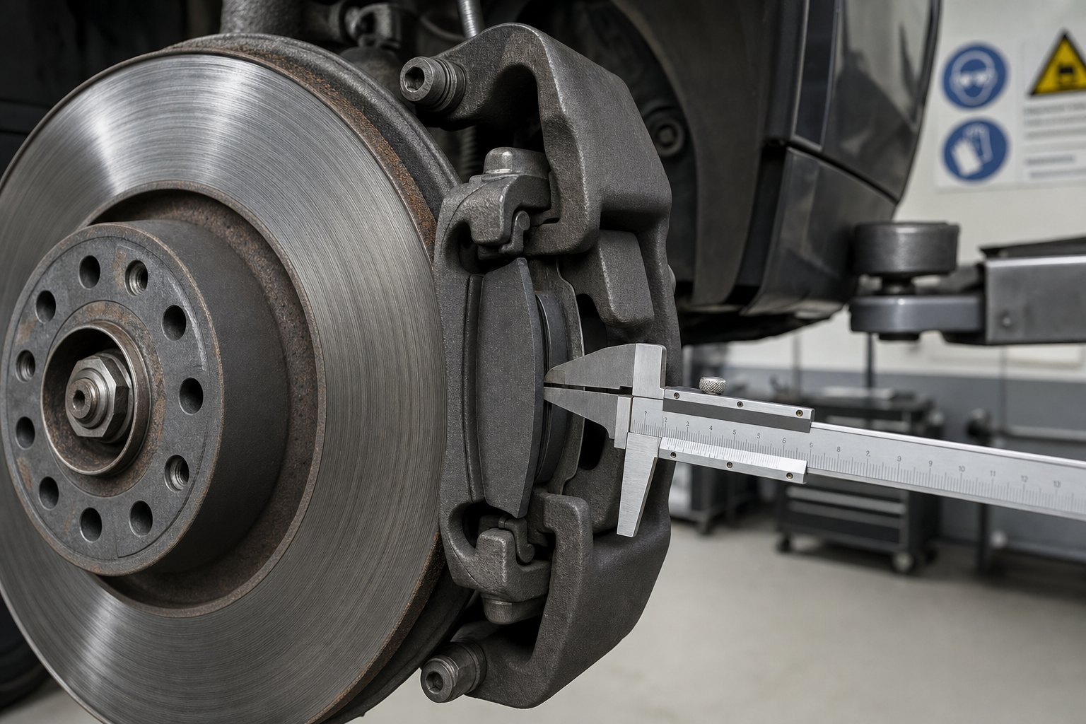 Callipers measuring the thickness of a car brake disc in a garage setting.