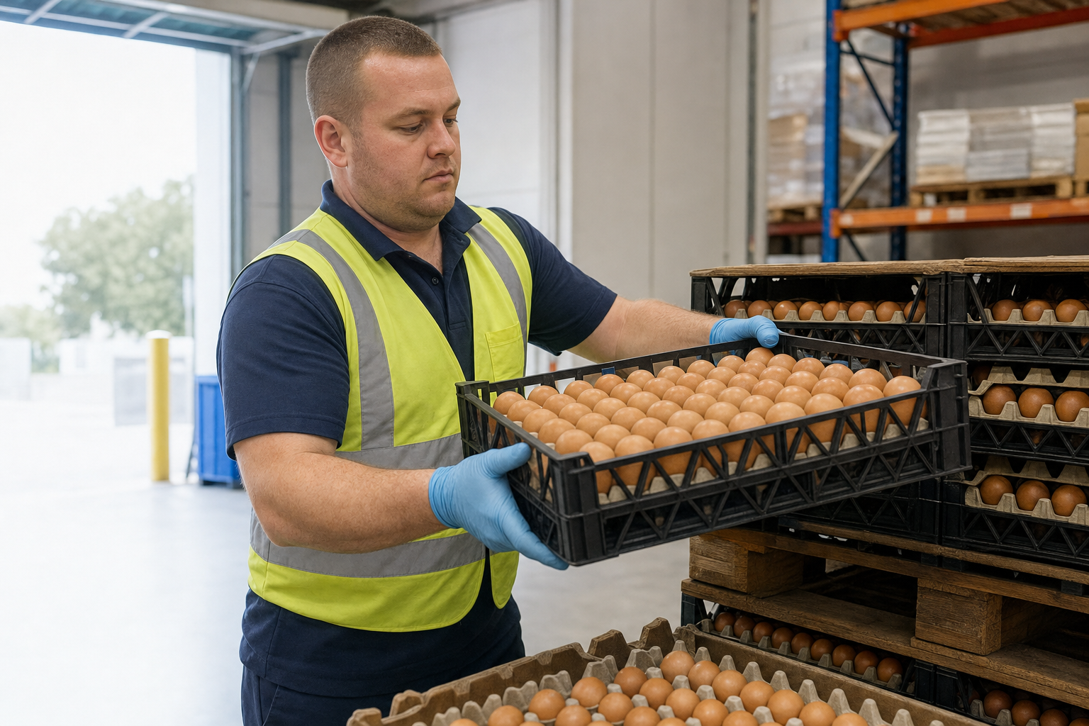 Warehouse worker in a high-visibility vest handling trays of eggs on pallets.