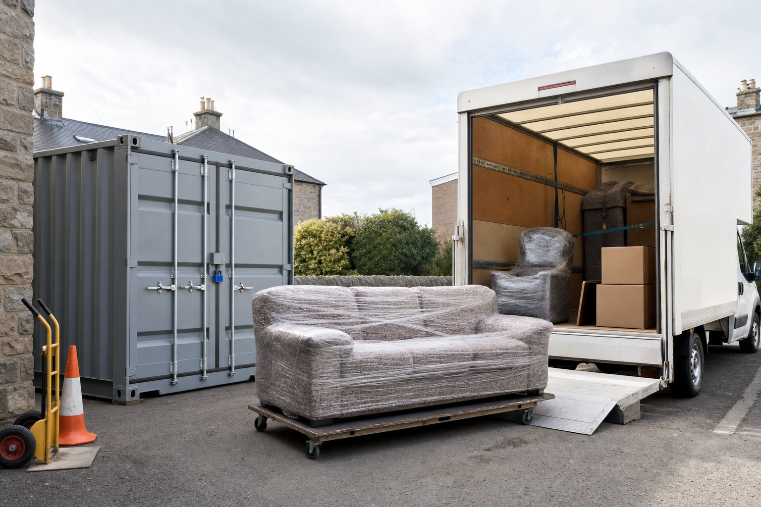 Furniture wrapped in plastic being loaded onto a moving van next to a large storage container.