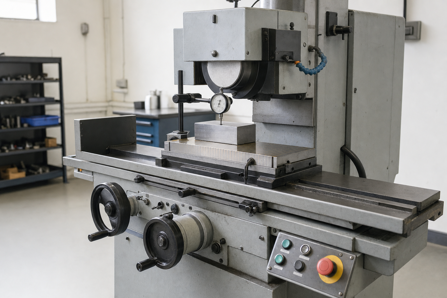 Industrial milling machine in a workshop, featuring dials and a gauge for precise machining tasks.