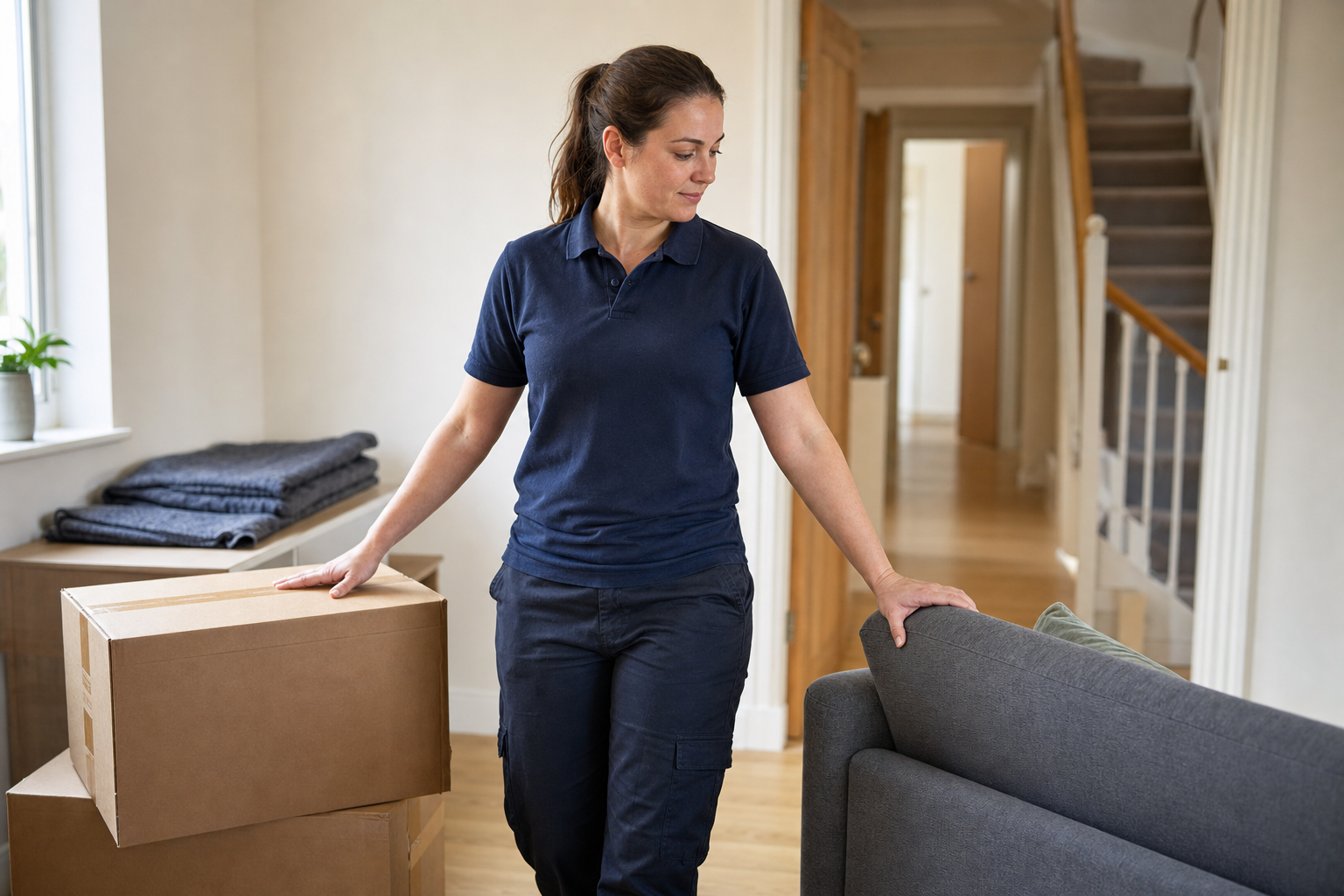 Woman in a blue polo shirt moving boxes and a sofa in a bright hallway.