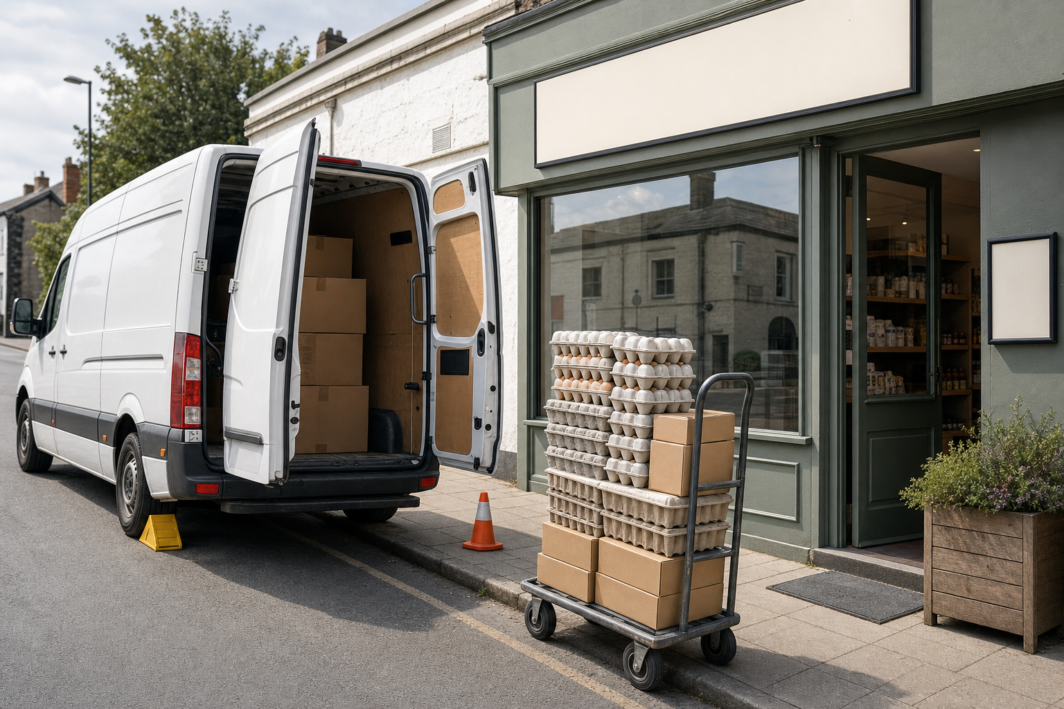 A delivery van with open doors is parked by a shop, unloading boxes and trays of eggs on a wheeled trolley.