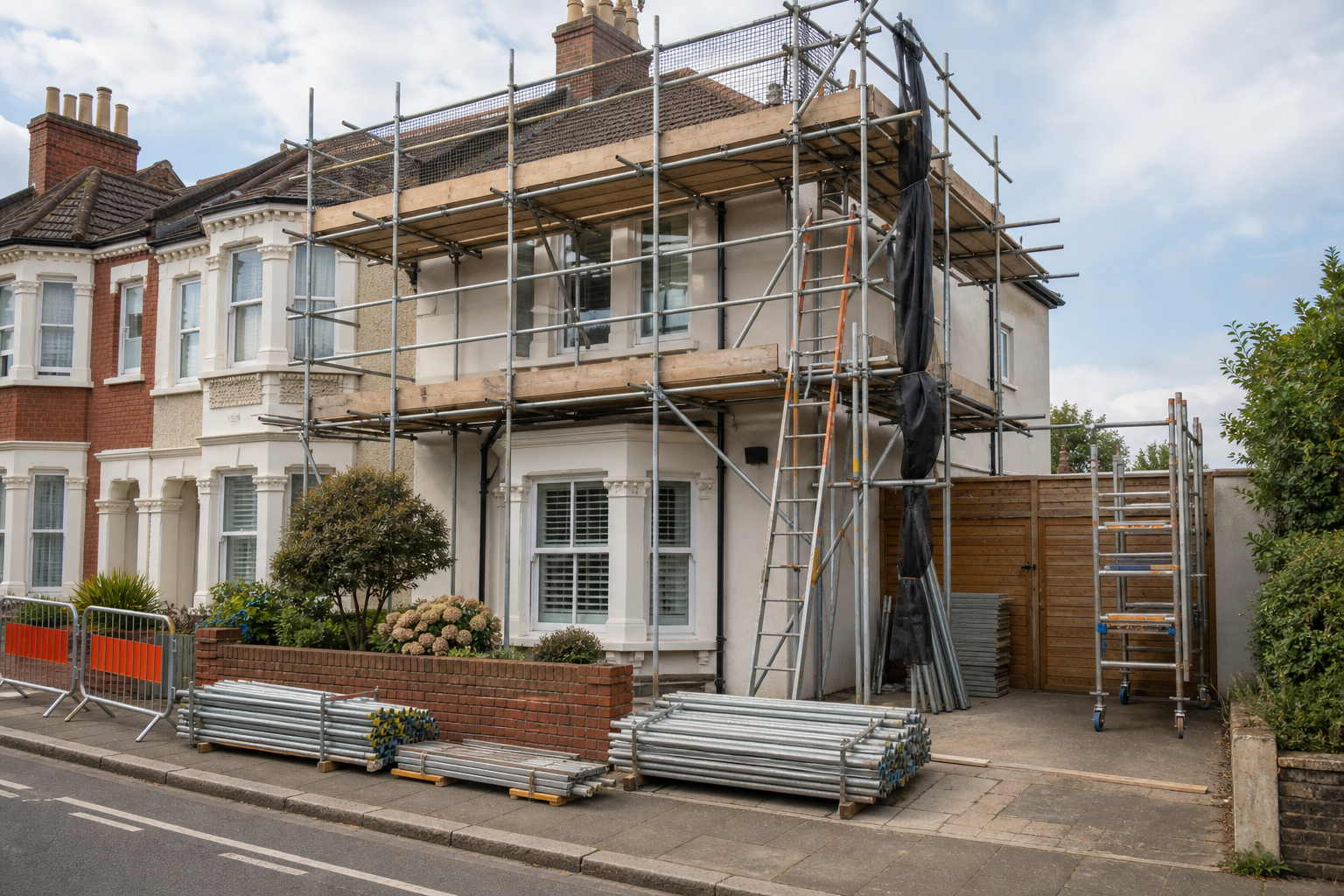 Two-story house with scaffolding and construction materials in front.