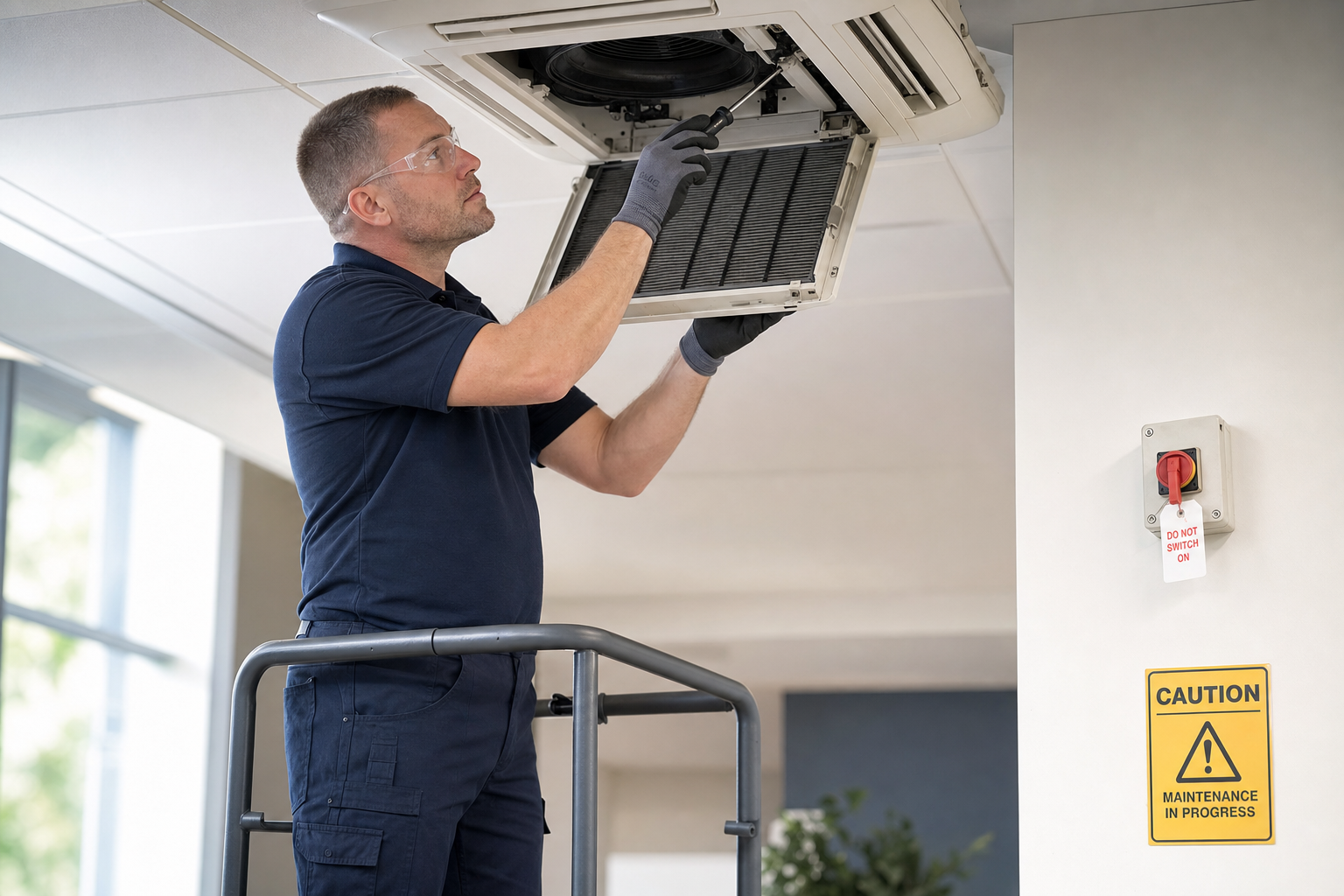 Technician inspecting a ceiling air conditioning unit with a caution sign visible.