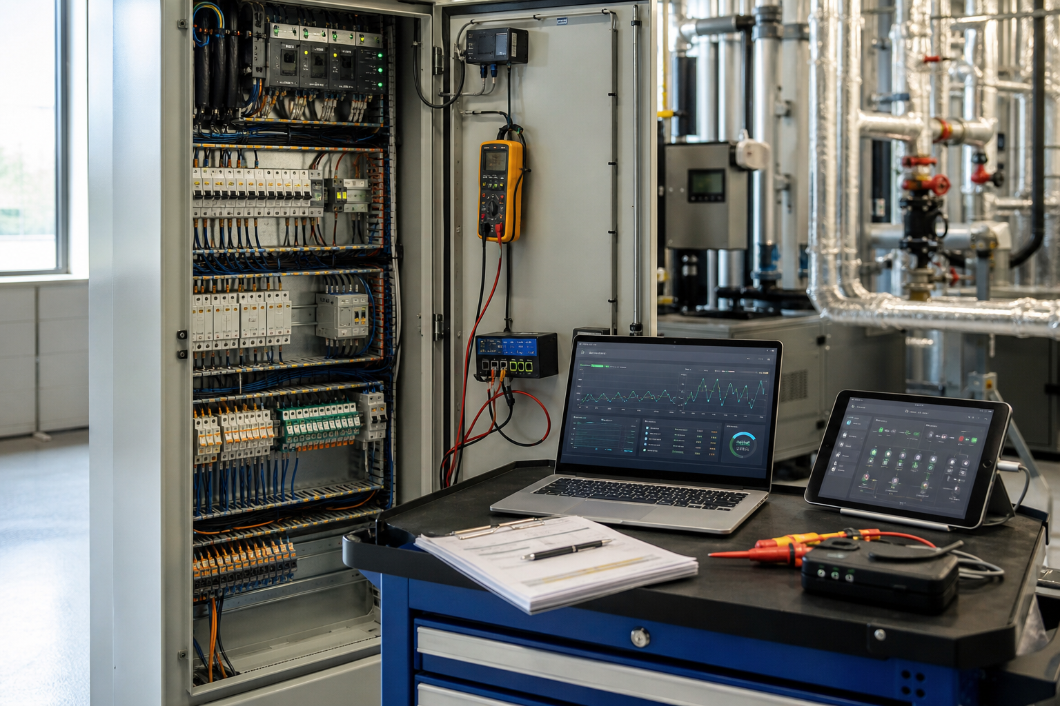 Electrical panel with diagnostic tools and data displayed on a laptop and tablet.