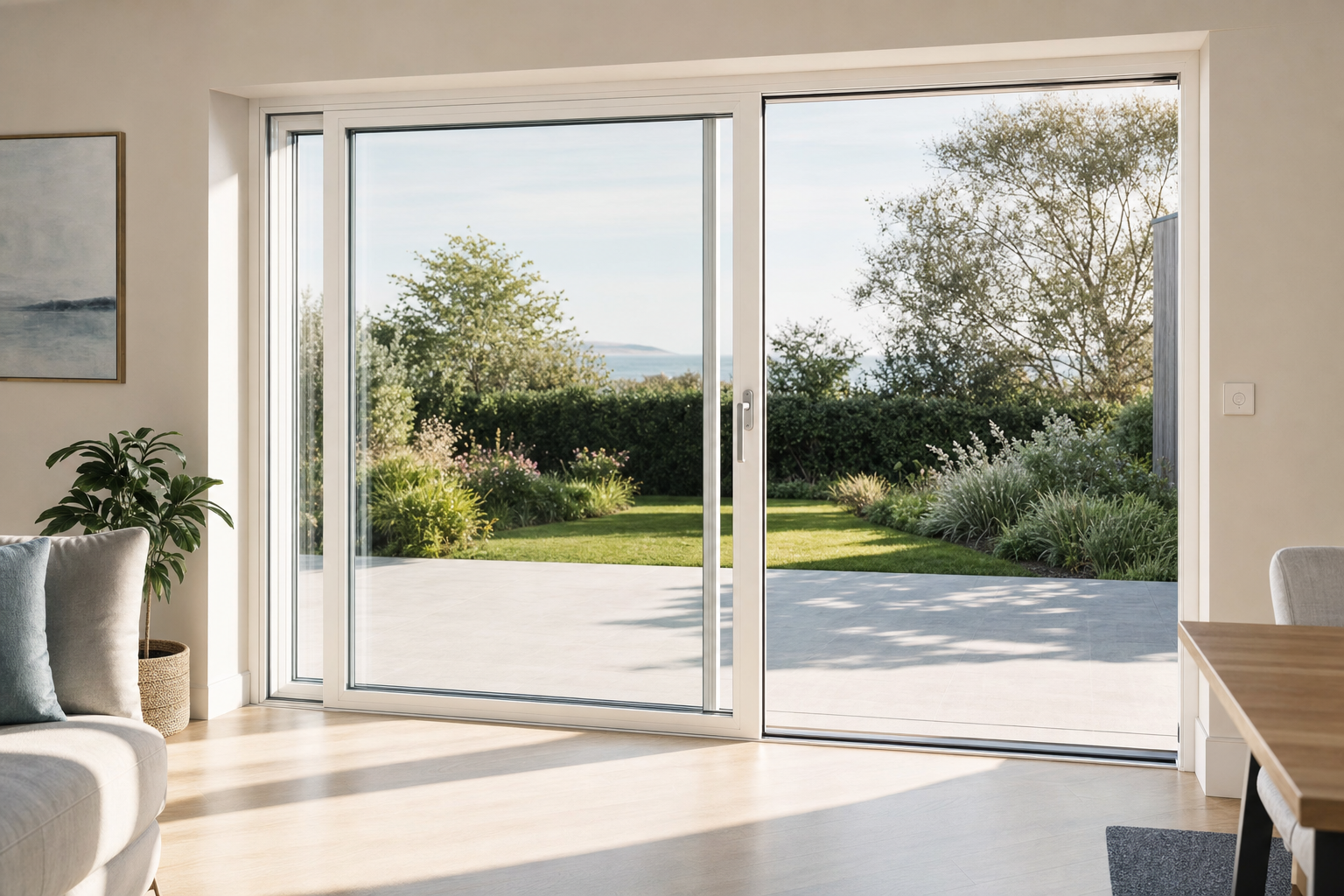 Sliding glass doors open to a sunny garden with lush greenery, seen from a cosy interior with a sofa and plant.