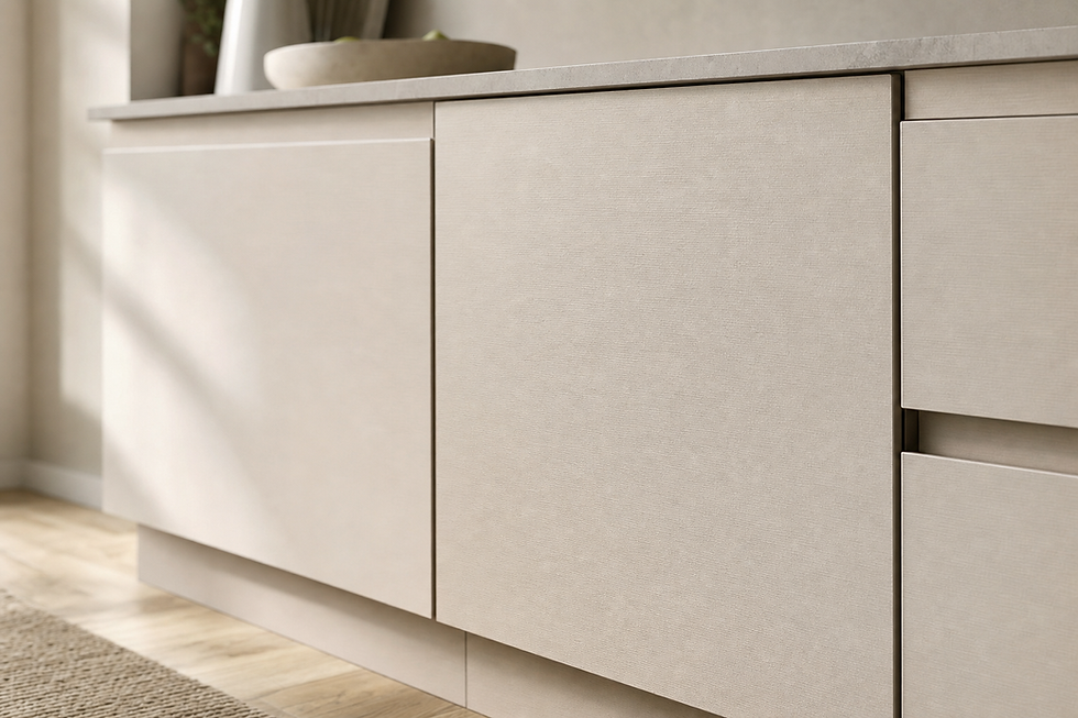 Modern beige kitchen cabinet with wood countertop in a minimalistic setting.
