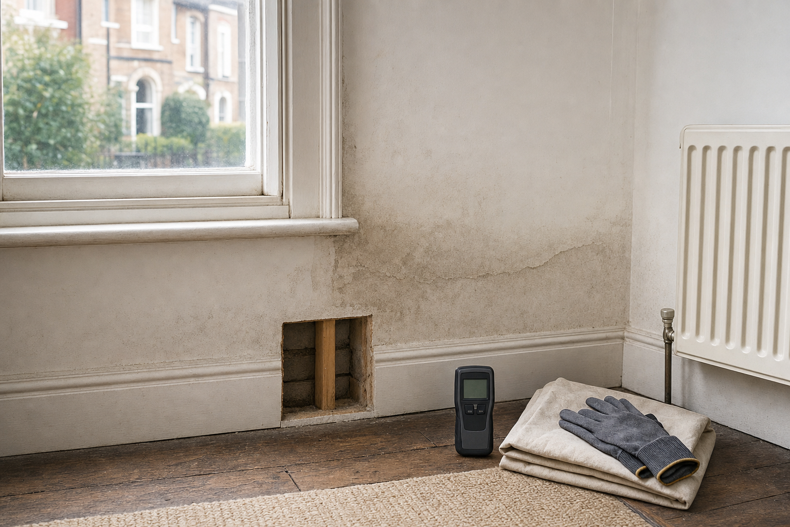 A damp and mouldy wall with an exposed section of piping, a moisture meter, and a pair of gloves on a folded cloth beside a radiator.