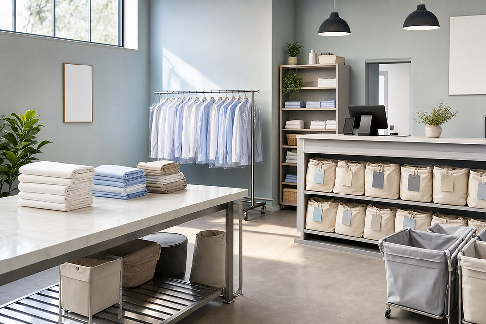 A modern laundry shop with folded clothes, hanging shirts on a rack, and storage bags behind the counter.