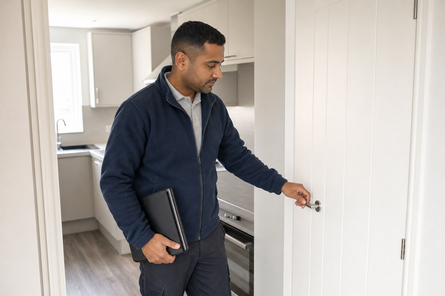 A man holding a folder opens a white door in a modern kitchen setting.