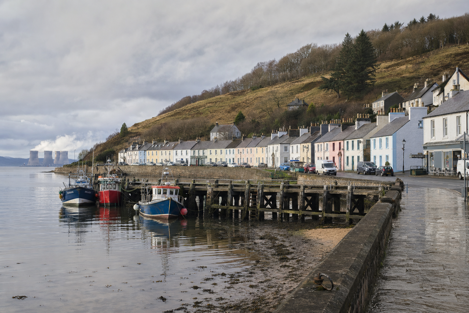 Colourful houses line a harbour beside moored fishing boats, with hills and cooling towers in the background.