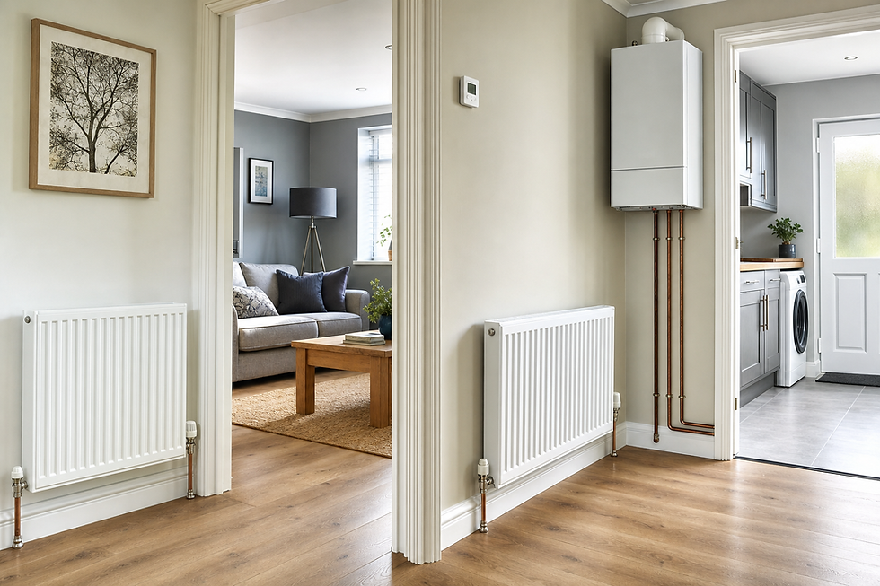 Modern interior hallway with radiators and a view into a cosy living room and a kitchen with grey cabinets.