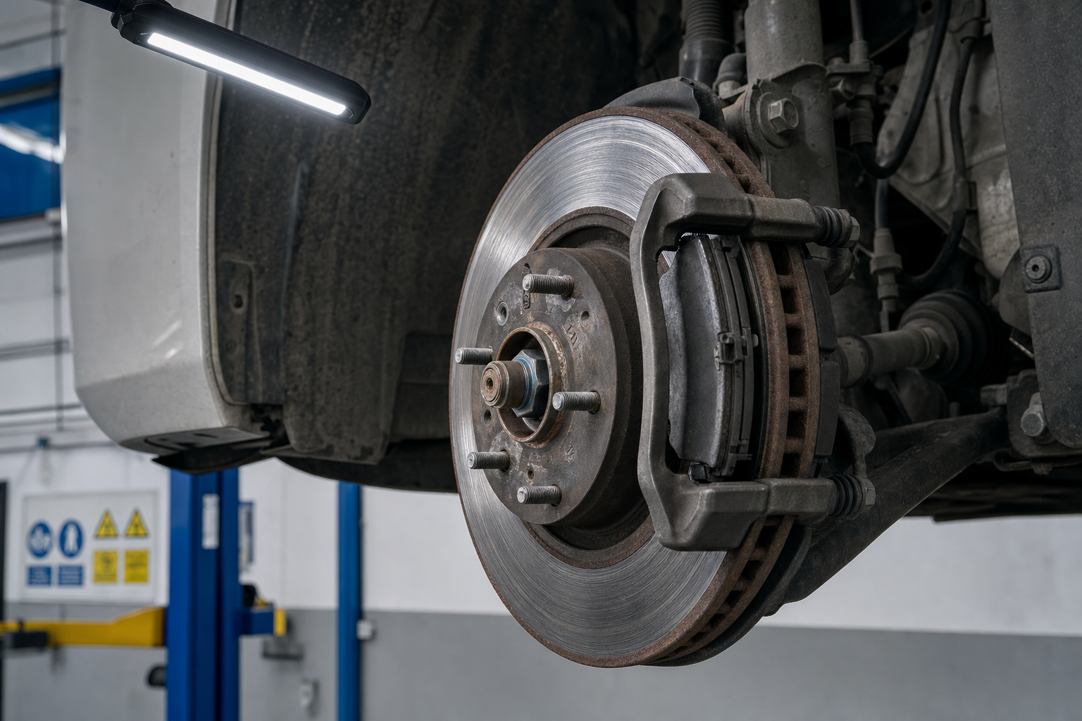 Car brake disc and pad with caliper in a garage workshop, illuminated by an overhead light.