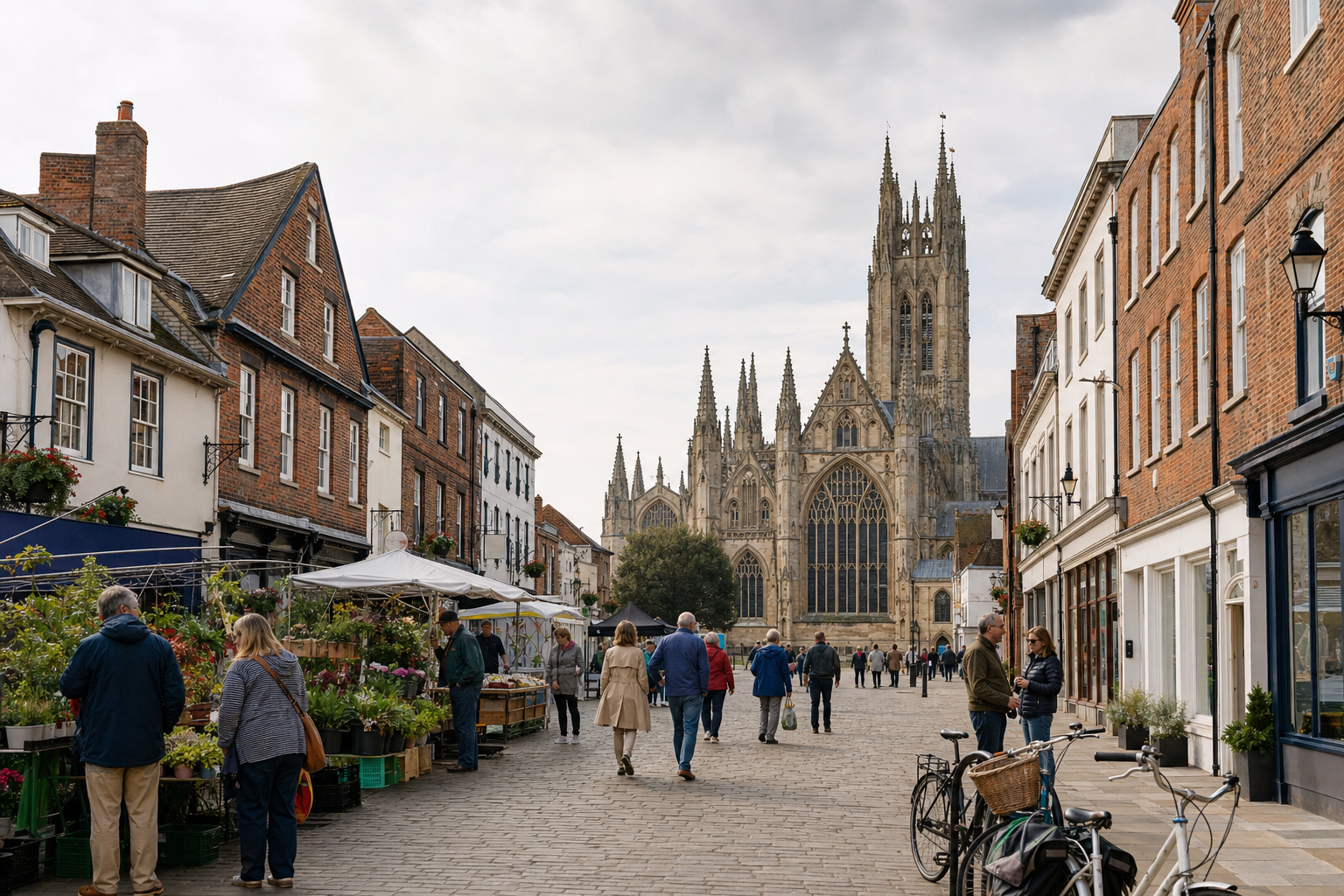 People walk along a market street towards a large gothic cathedral under a cloudy sky.