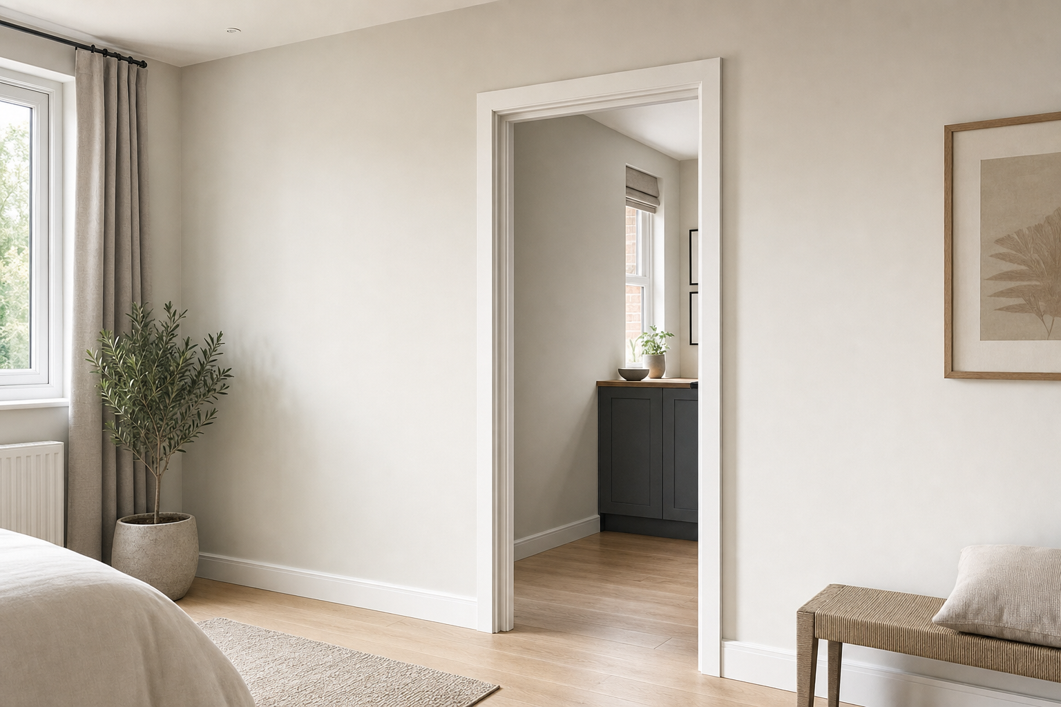Minimalist bedroom with light walls, a large window, and a view into an adjoining room with a plant on the black cabinet.