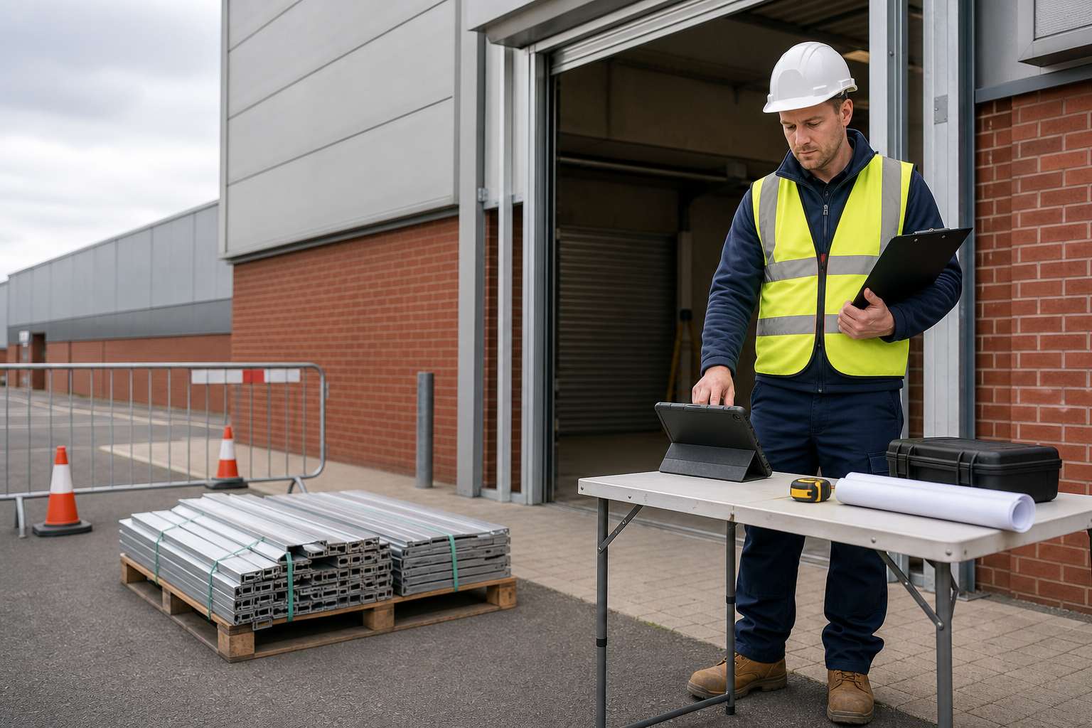 Construction worker in a safety vest and helmet uses a tablet near a loading dock with building materials.